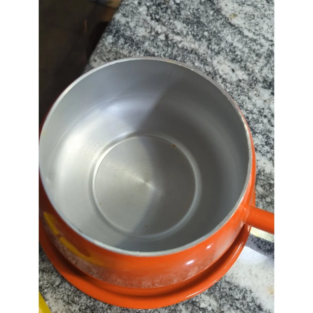 Vintage Mid Century Modern Orange Fondue Pot and 6 Pc Fork Set Kitchen Cookware